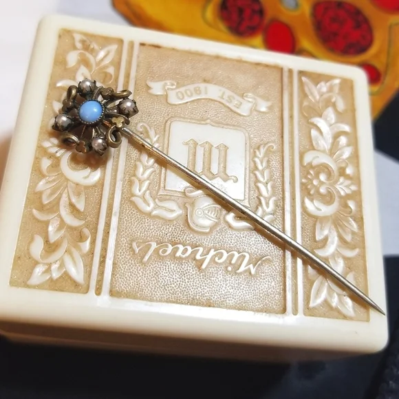 VICTORIAN Era 1800s Opal Seed Pearl GF  Stick Pin - Picture 2 of 7